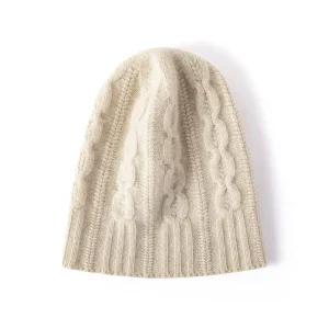 100% Cashmere Cap Pure Cashmere Hat for Women Lightweight Cable-Stick