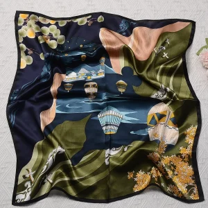 100% sidenscarf för kvinnor blommönster fyrkantig sidenscarf