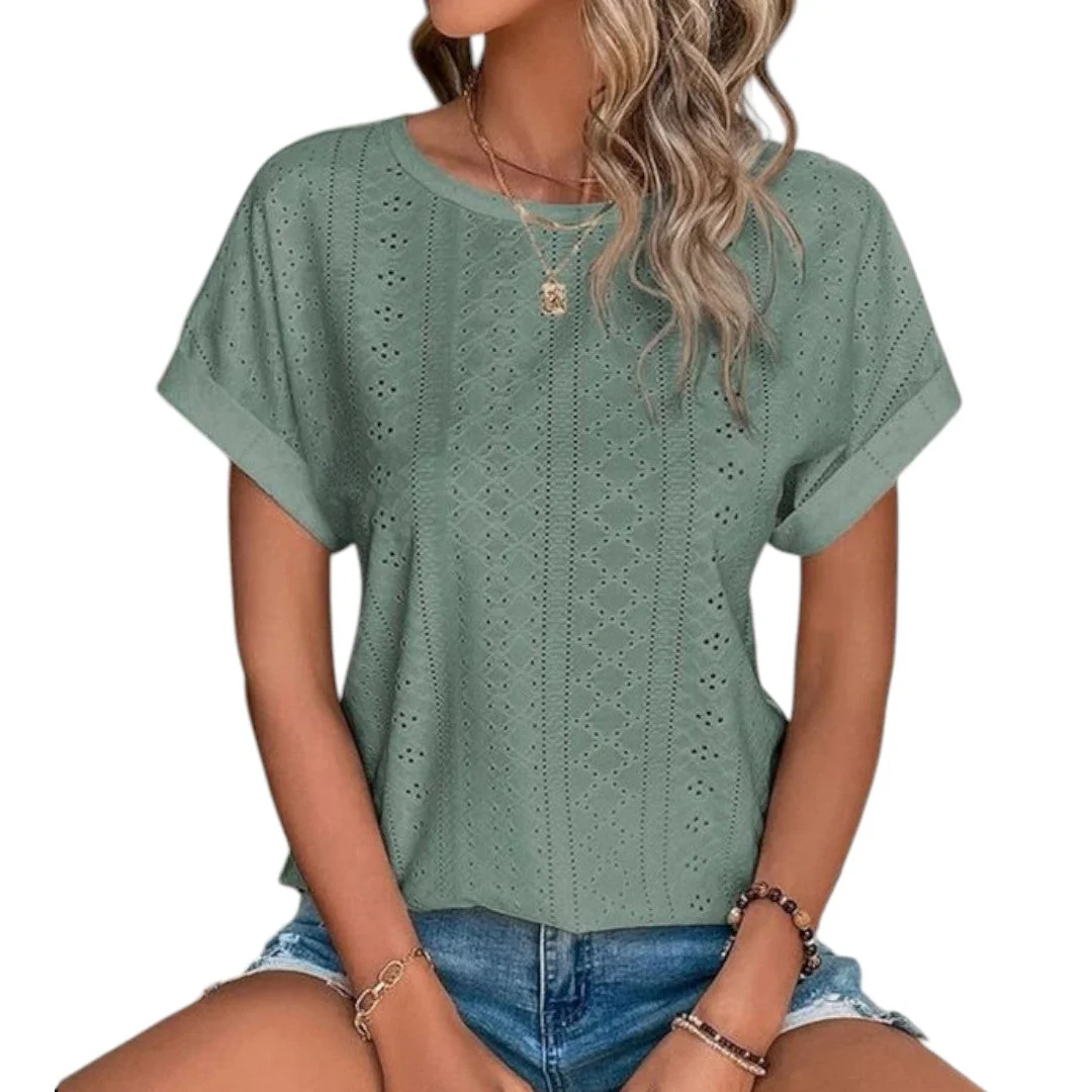 Dam-T-shirt med rund halsringning och perforerad yta - Bild 7