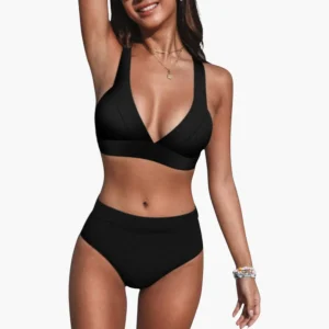 Dam bikini-set med V-ringad topp och högmidjad botten