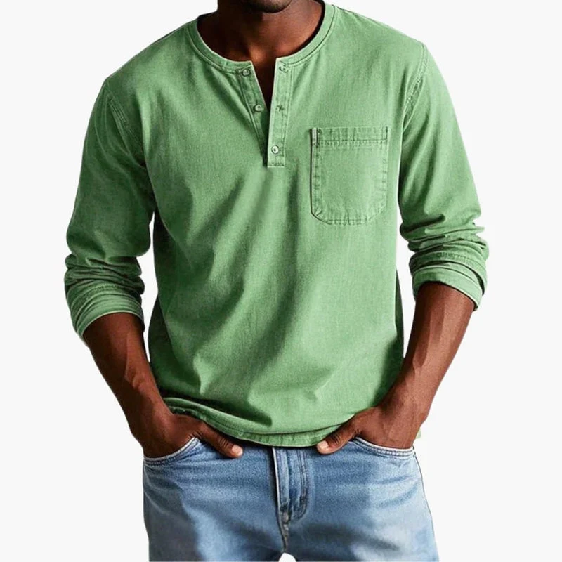 Herr-T-shirt med knäppning i halsen och bröstficka - Bild 4