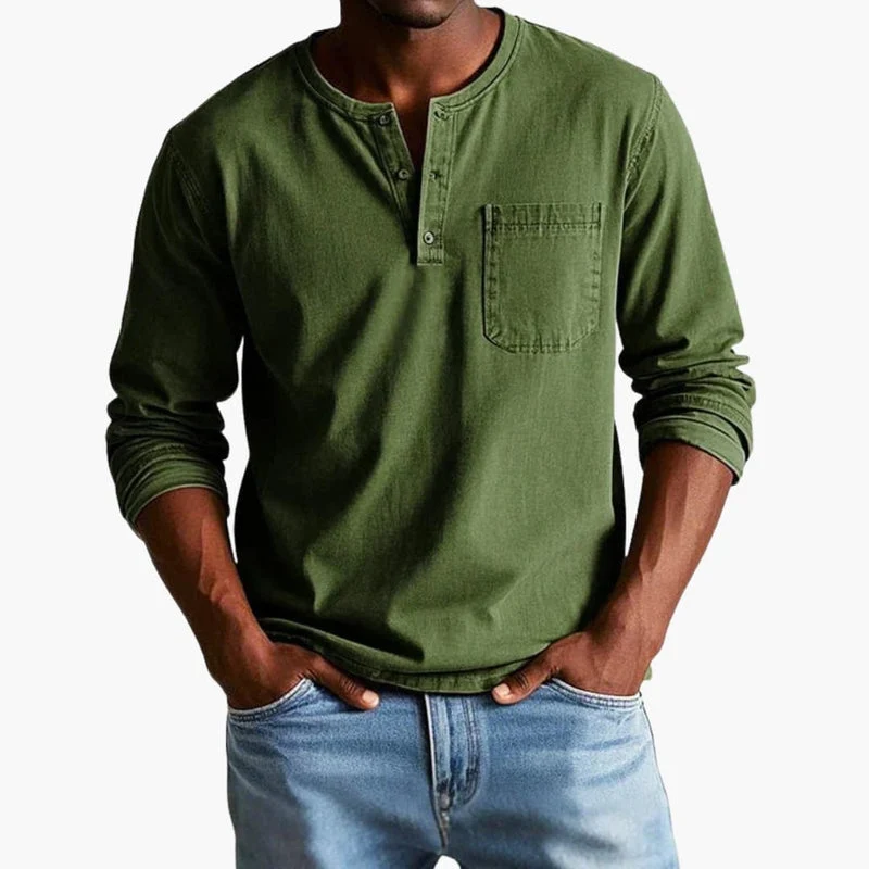 Herr-T-shirt med knäppning i halsen och bröstficka - Bild 8