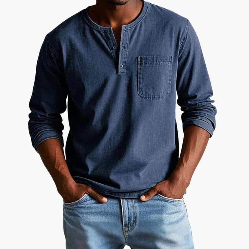 Herr-T-shirt med knäppning i halsen och bröstficka - Bild 9