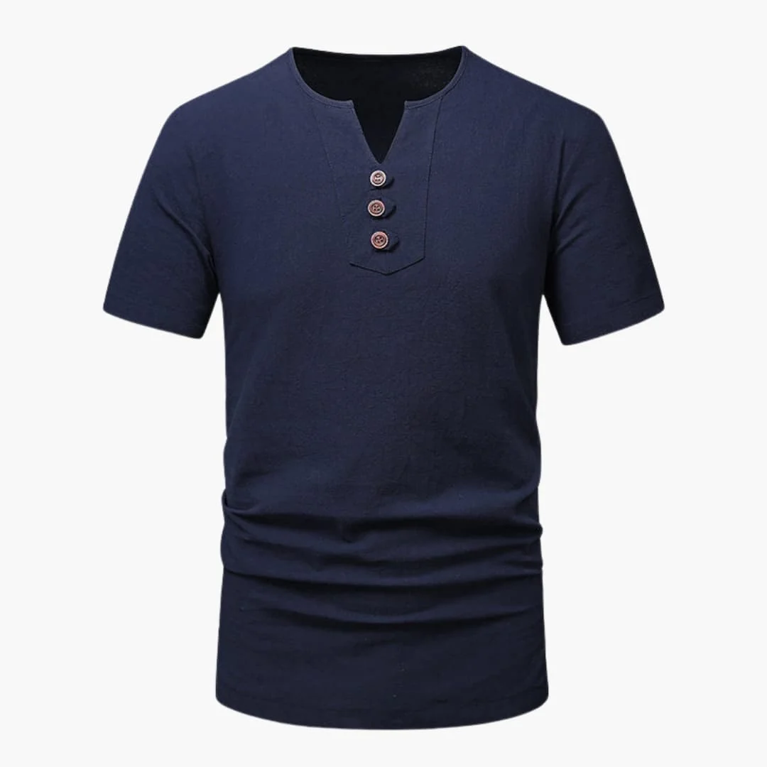Herr-T-shirt med notch-ringning och knappslå