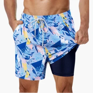 Herrbadshorts med dragsko och tryckt yta