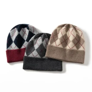 Argyle Cashmere Stickad Beanie Mönstrad Cashmere Vinterkeps Diamond Cashmere Hatt