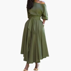 Dam midiklänning med off-shoulder och lanternärmar