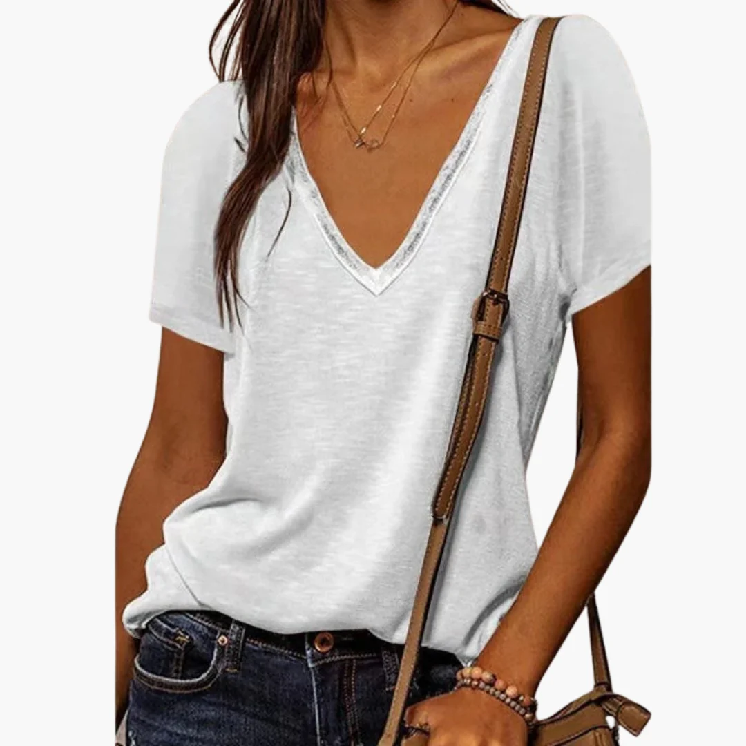 Dam V-ringad T-shirt med Loose Fit och Avslappnad Stil - Bild 3