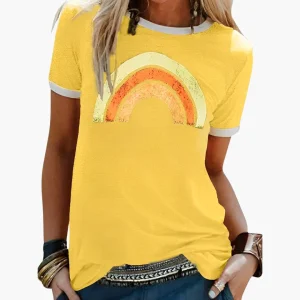 Damernas grafiska T-shirt med Good Vibes-tryck och regnbågsdesign