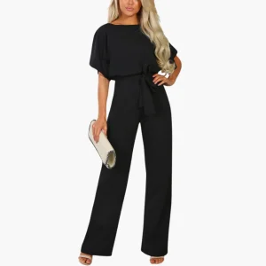 Damers jumpsuit med vida ben båtringning och knytbälte