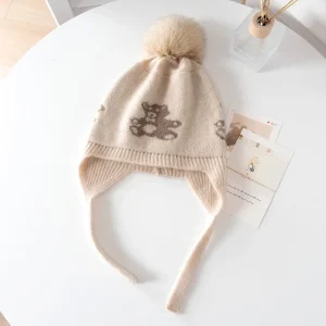Kids Cashmere Stickad Öronlapp Hat Med Pom Och Nalle Kashmir Beanie