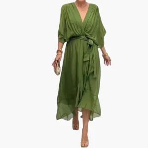 Kvinnors Chiffongklänning med V-ringning och Långa Ärmar