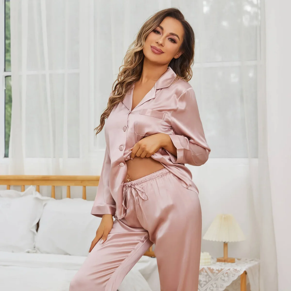 Klassisk Silk Pyjamas Set Långärmad Silk Pyjamas för kvinnor - Bild 4