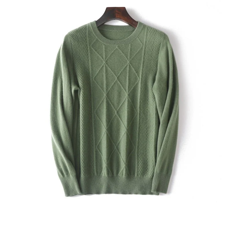 Mens Diamond Knit Pure Cashmere Sweater Crew Neck Toppar Ribbad fåll - Bild 8