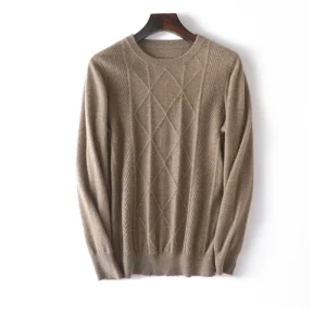 Mens Diamond Knit Pure Cashmere Sweater Crew Neck Toppar Ribbad fåll