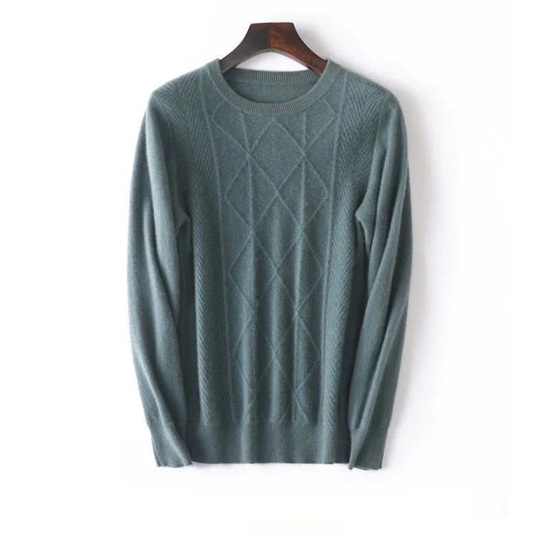 Mens Diamond Knit Pure Cashmere Sweater Crew Neck Toppar Ribbad fåll - Bild 5