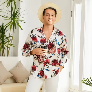 Herrblommatryckta sidenskjortor Button Down-skjorta