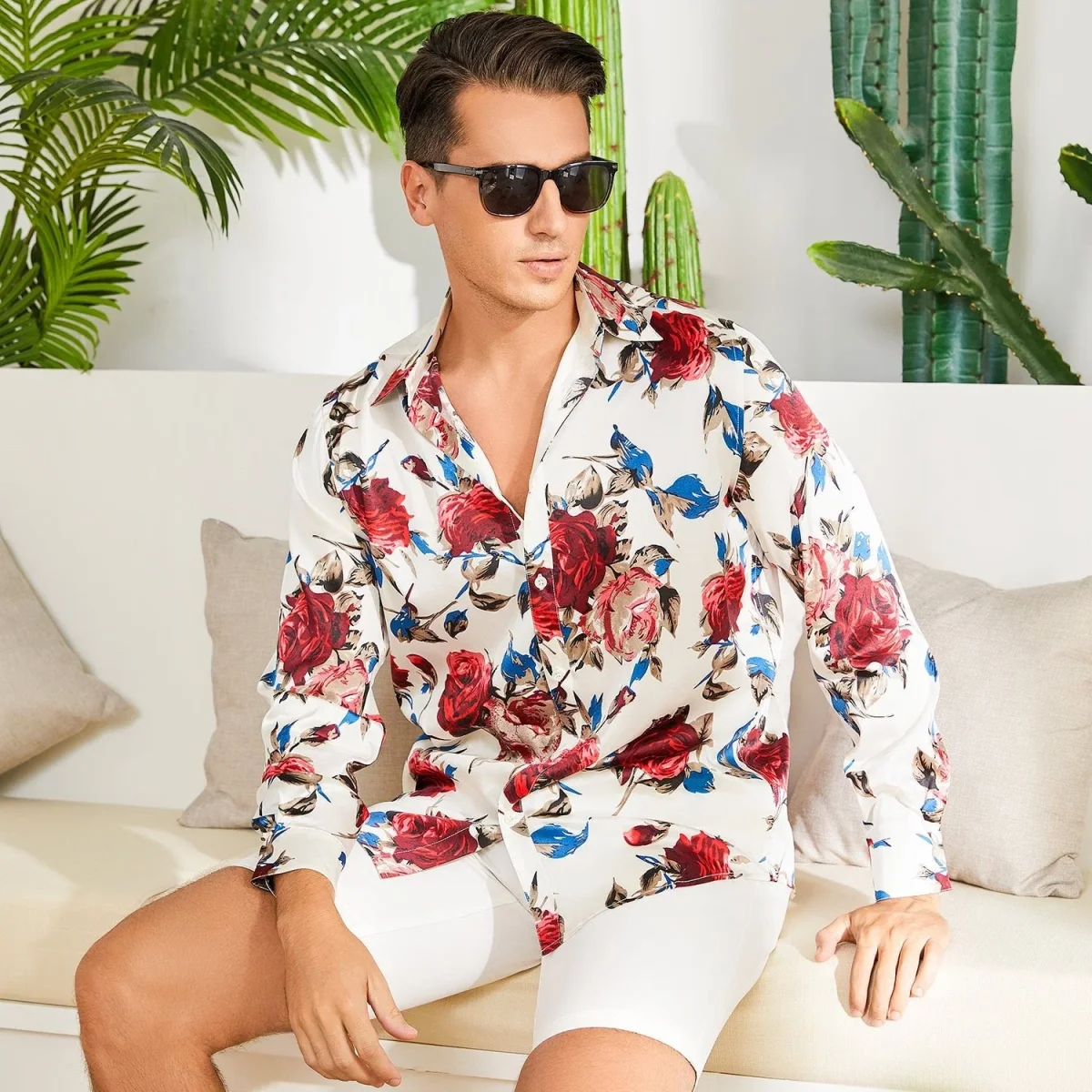 Herrblommatryckta sidenskjortor Button Down-skjorta - Bild 6