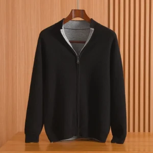 Män Full-Zip Mock Neck Pure Cashmere Cardigan Stativ krage Cashmere Coat