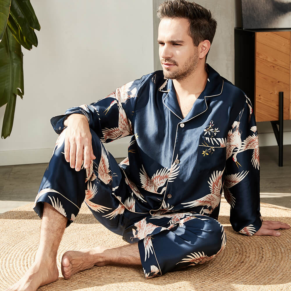 Lyxiga sidenpyjamasset för män med krantryck i siden nattkläder - Bild 2