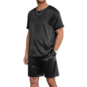 Mens korta sidenpyjama Set Mulberry Silk Two Piece Sleepwear