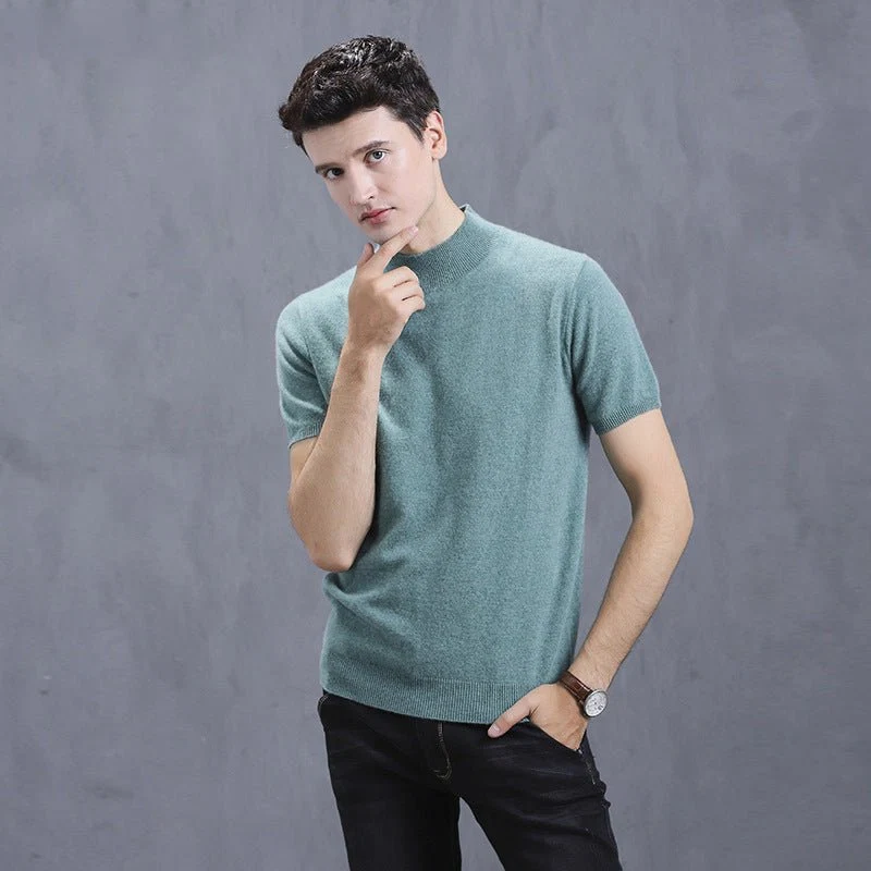 Herr kortärmad ren kashmir stickad tröja Mock Neck Sweatshirt - Bild 4