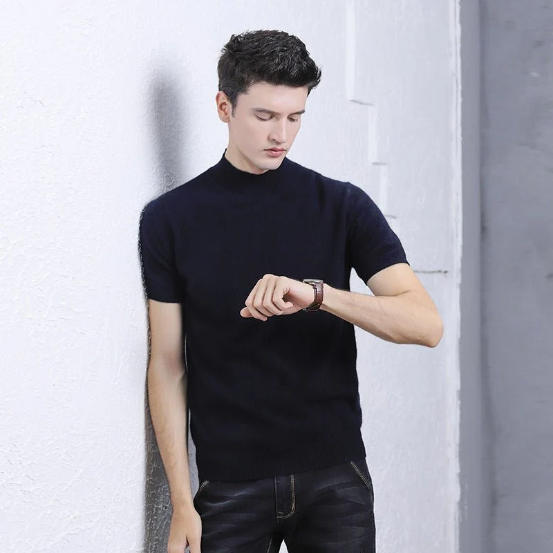 Herr kortärmad ren kashmir stickad tröja Mock Neck Sweatshirt - Bild 2