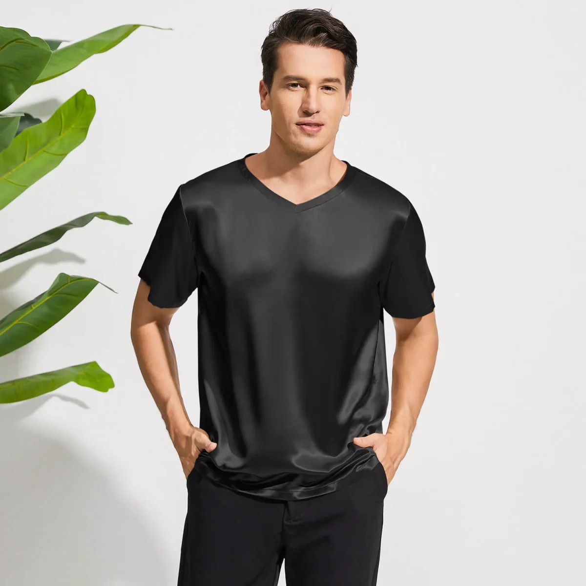 Pure Silk T-shirts för män Luxury V-Neck Silk Top Tee