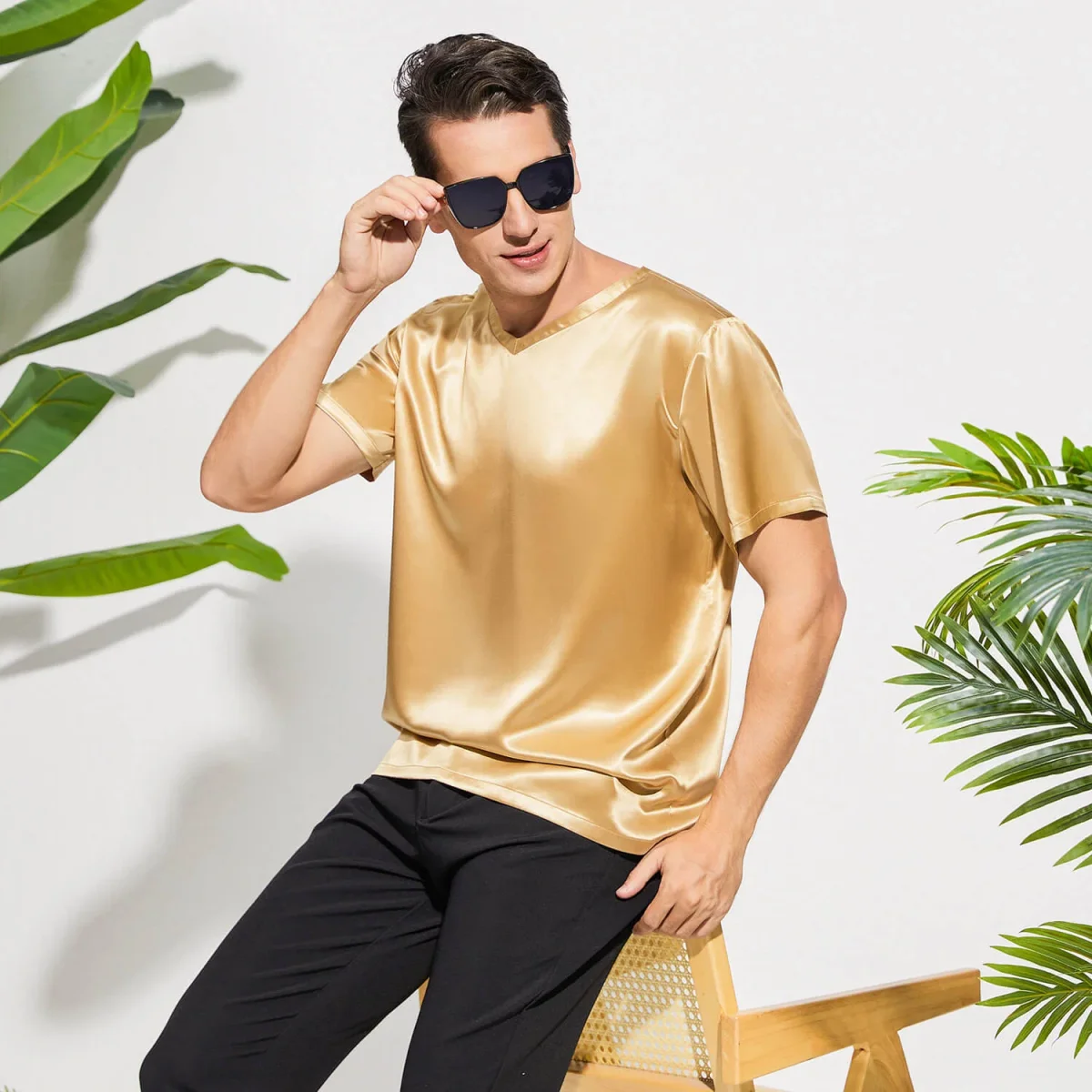 Pure Silk T-shirts för män Luxury V-Neck Silk Top Tee - Bild 6