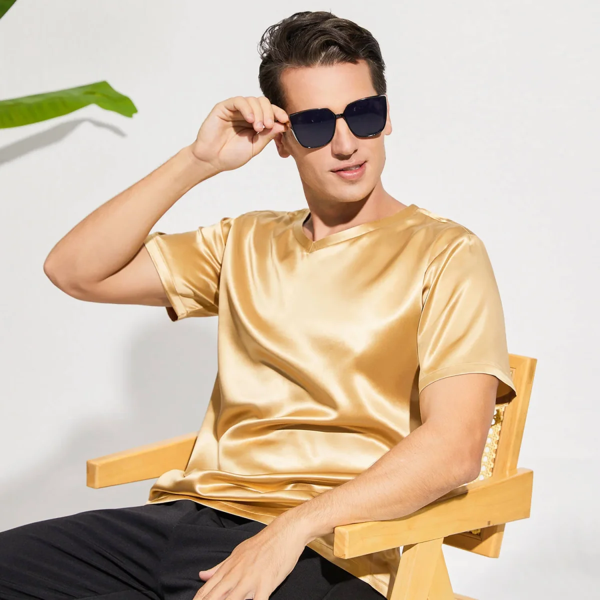 Pure Silk T-shirts för män Luxury V-Neck Silk Top Tee - Bild 8