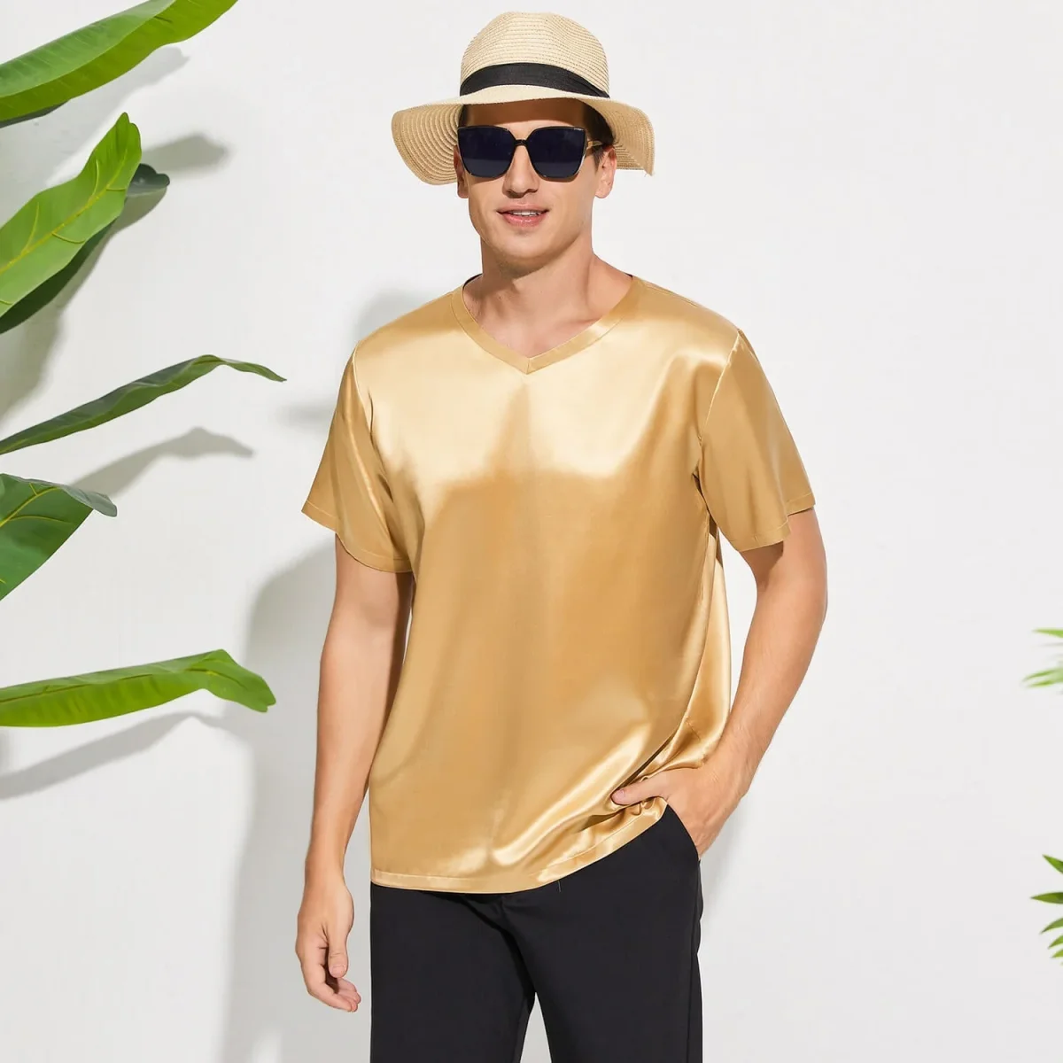 Pure Silk T-shirts för män Luxury V-Neck Silk Top Tee - Bild 5