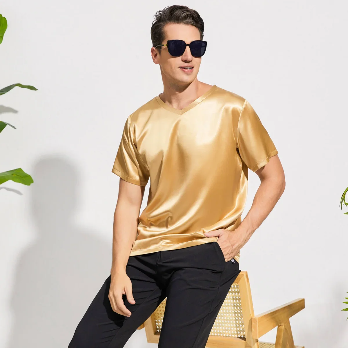 Pure Silk T-shirts för män Luxury V-Neck Silk Top Tee - Bild 7