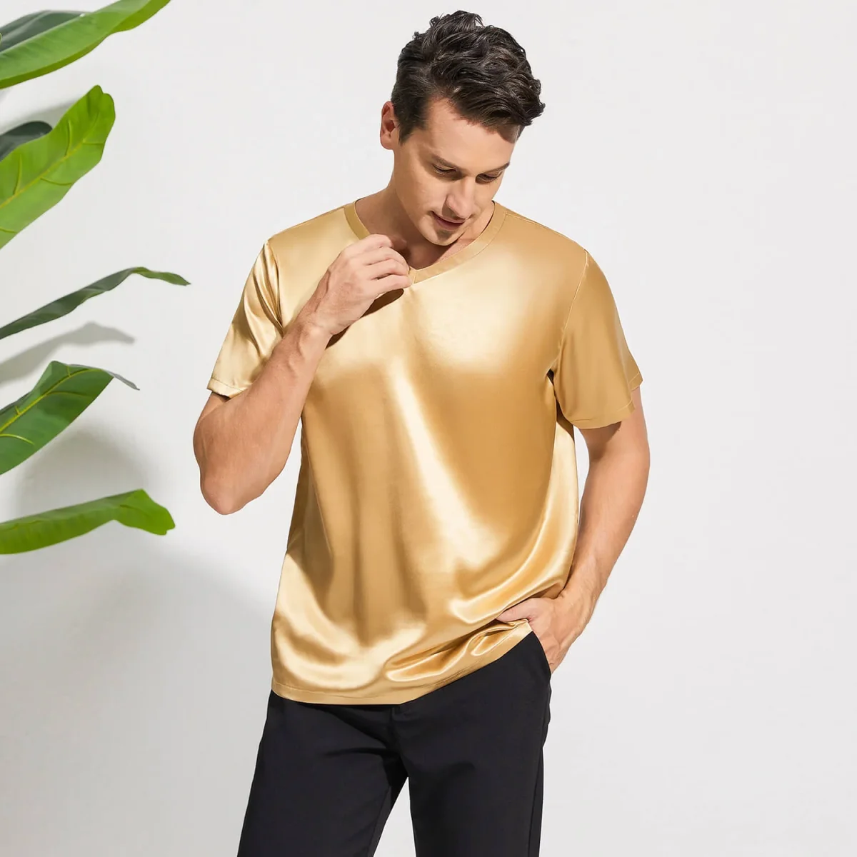 Pure Silk T-shirts för män Luxury V-Neck Silk Top Tee - Bild 3