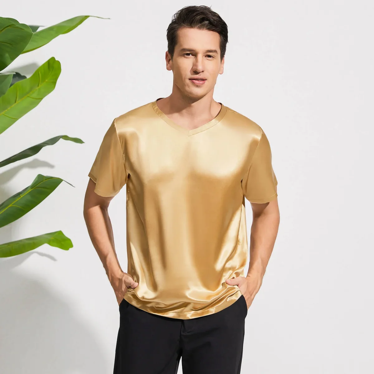 Pure Silk T-shirts för män Luxury V-Neck Silk Top Tee - Bild 9