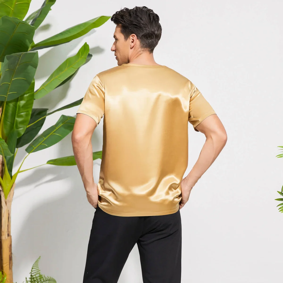 Pure Silk T-shirts för män Luxury V-Neck Silk Top Tee - Bild 4