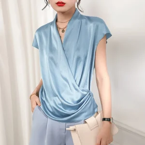 Korta ärmar Kvinnor Silk Blus V Neck Ladies Silk Tops