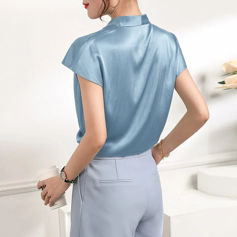 Korta ärmar Kvinnor Silk Blus V Neck Ladies Silk Tops - Bild 5