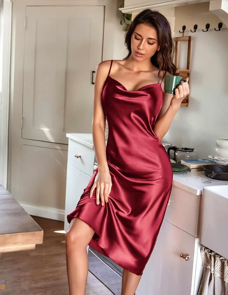 Silk Midi -klänning för kvinnor Cowl Neck Pure Formal Dresses - Bild 9
