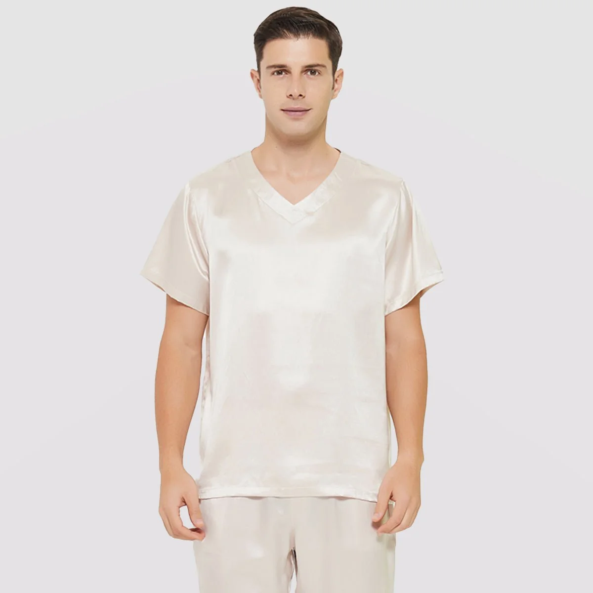 Mens korta sidenpyjama Set Silk Two Piece V Neck Silk Sleepwear - Bild 7