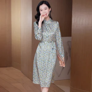 Summer Silk Floral Dress Tryckt långärmad Silk Shirt Dress