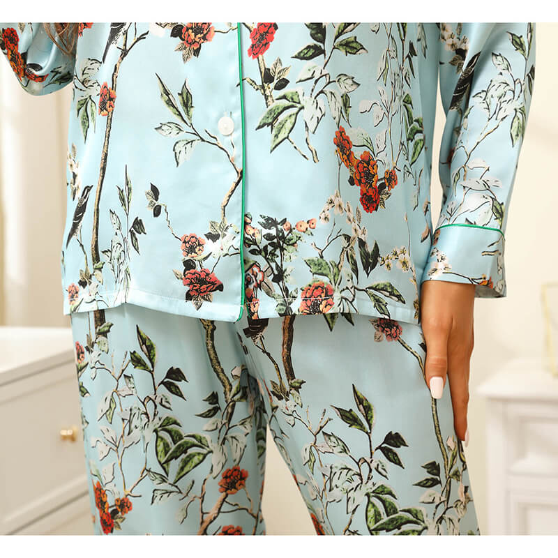 Kvinnor Flower Print Silk Pyjamas Long Silk Pyjamas Set - Bild 5