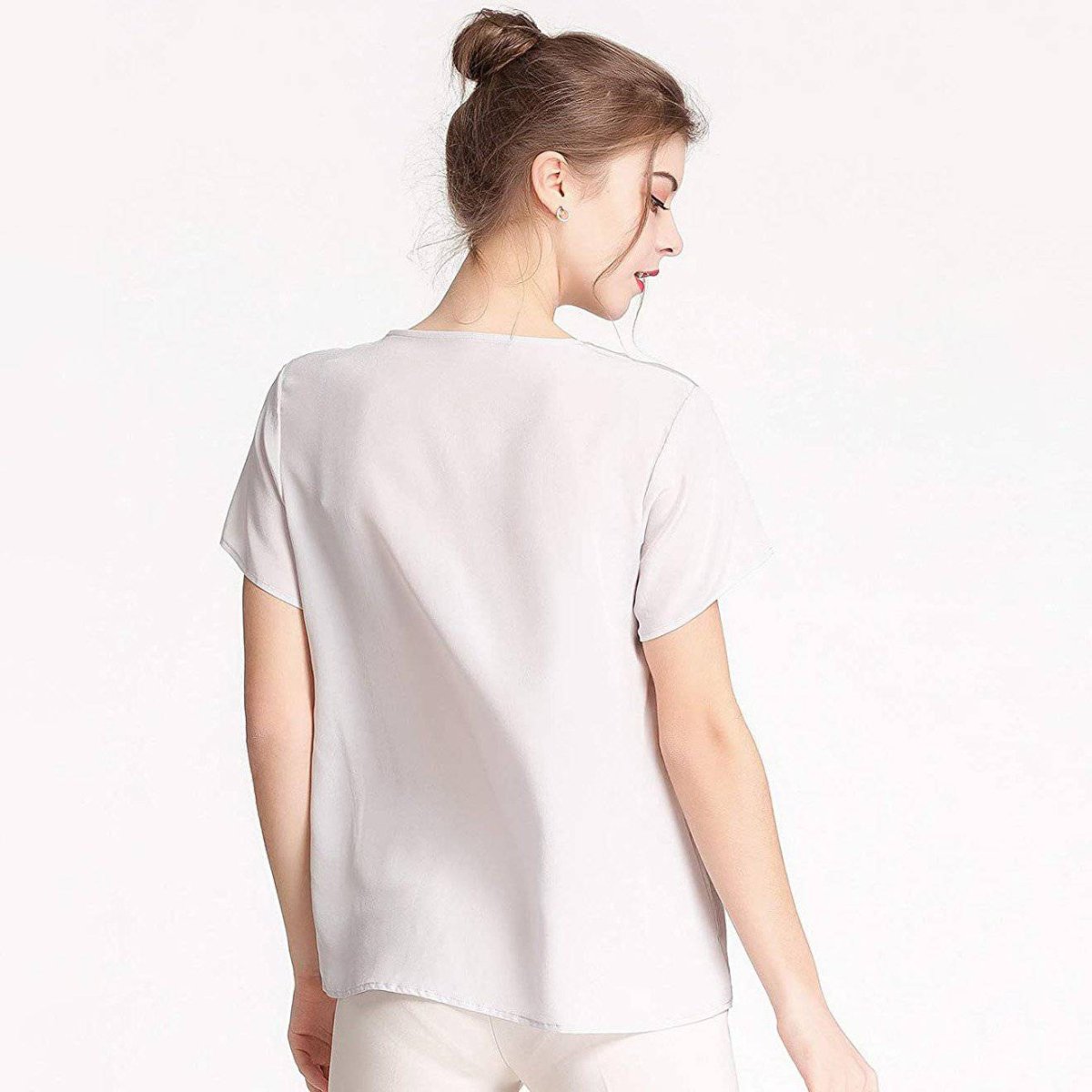 Kvinnor Mulberry Silk T-shirt Kort ärm V Neck Tank Ladies Silk Shirt - Bild 4
