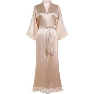 Kvinnor 100% silkekimono med spetsar Silk Robe