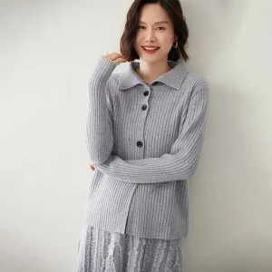 Kvinnor Ribbed stickad kashmir Cardigan Lapel Butt-Up Cashmere Coat