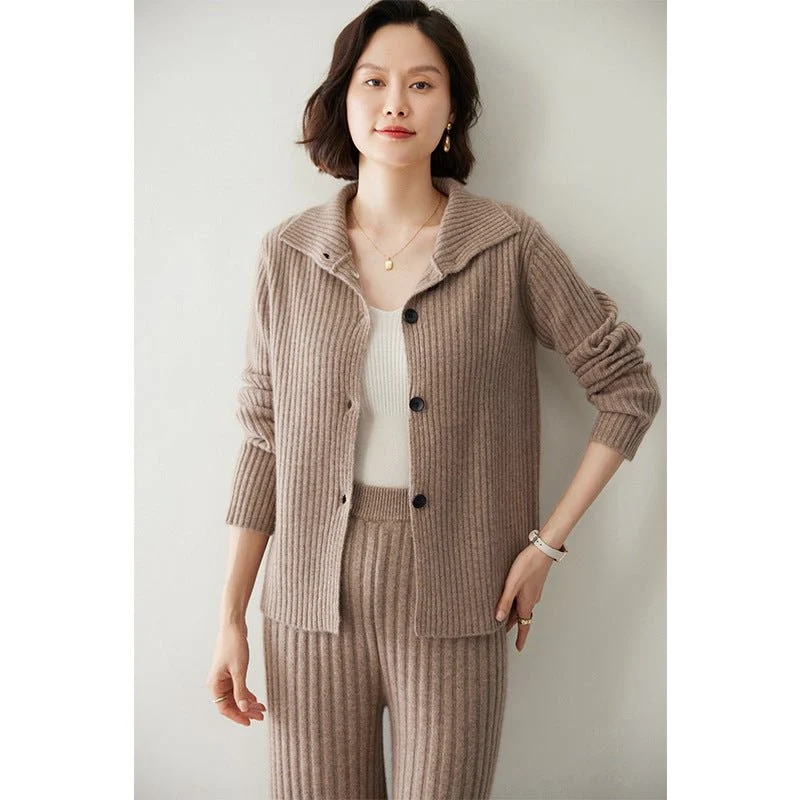 Kvinnor Ribbed stickad kashmir Cardigan Lapel Butt-Up Cashmere Coat - Bild 6