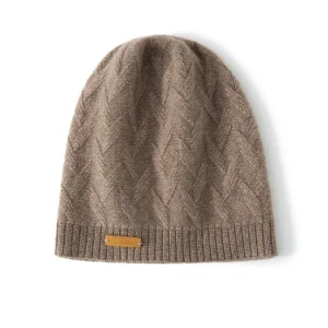 Herringbone Knit Pure Cashmere Beanie Ribbed Edge Cashmere Hatt