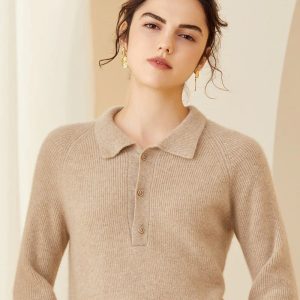 Kvinnor Ribbed Cashmere Polo tröja knappa upp långa ärmar tröja