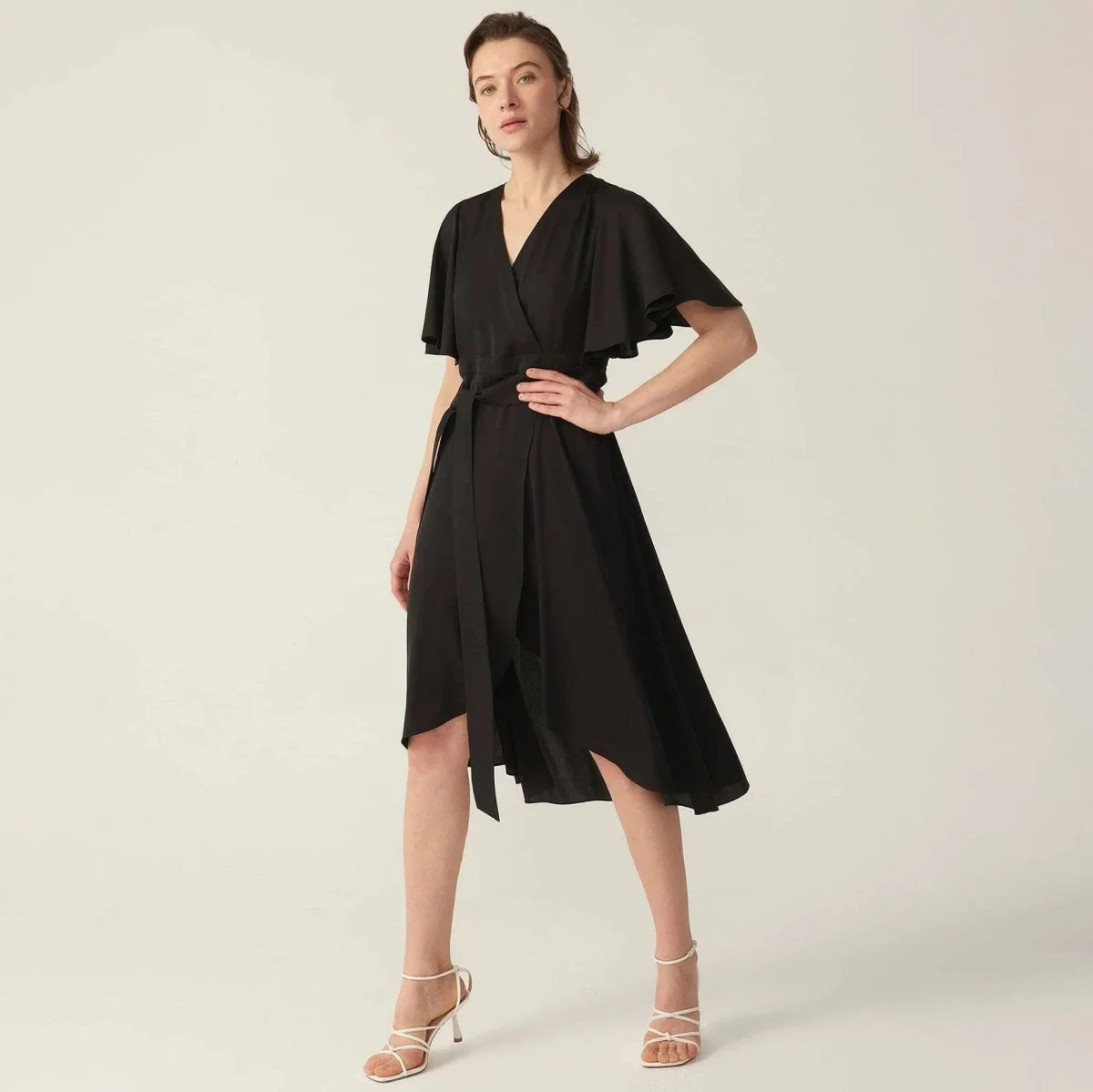 Kvinnor Pure Silk Dress Kort ärm Wrap Silk Midi -klänningar - Bild 2